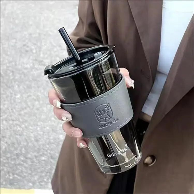GARIHC ENTERPRISE Reusable Glass Sipper Bottle Leather Sleeve Glass Coffee Mug with Straw(Black)