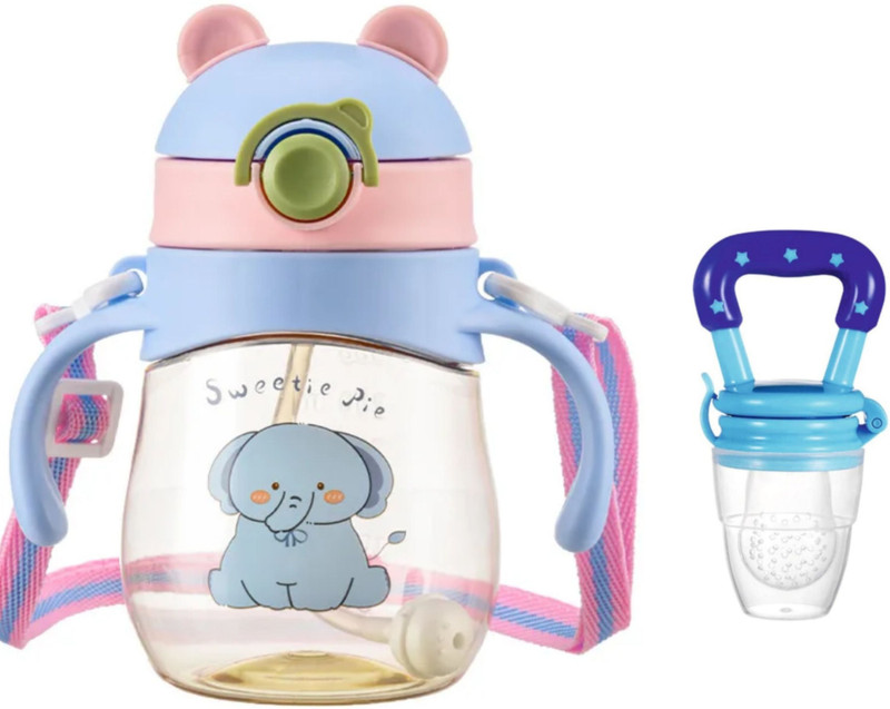 Magic Pebbles Eco-friendly Baby Silicon Straw Sipper Water Bottle 300ml For kids With Feeder(Blue)