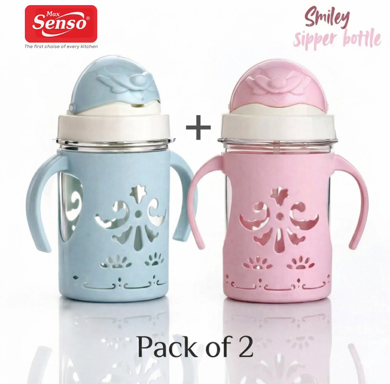 Max Senso Smiley Sipper Pack of 2 Baby Sipper Bottle Anti Spill Sipper for Kids with Straw(Blue, Pink)