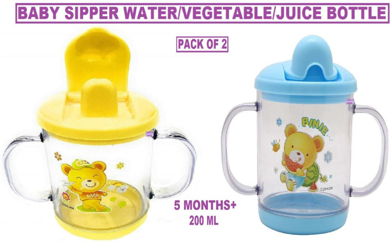 Jingle Kids Pack of 2 Premium Quality Unbreakable Plastic Baby Sippy Bottle/Cup/Mug Water/Juice Training Sipper 200ML With Twin Handles Dust Free For Babies/Infants/New Borns(5 Months+)(Y,B)(YELLOW,BLUE)