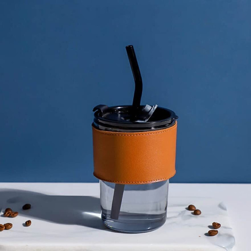 Murti Enterprise Glass Tumbler with Lid Silicon Straw Leather Sleeve Coffee for Home Office(Brown)