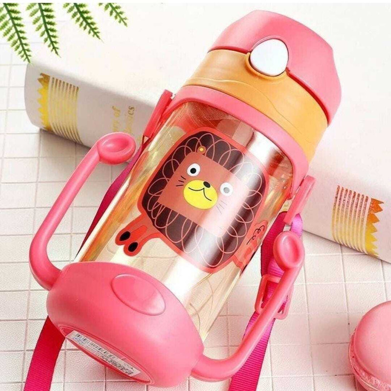 Bouncing Bliss One Touch Open Cute Lion Printed Handy Sipper with Handle & straw 450 ml(Red, Multicolor)
