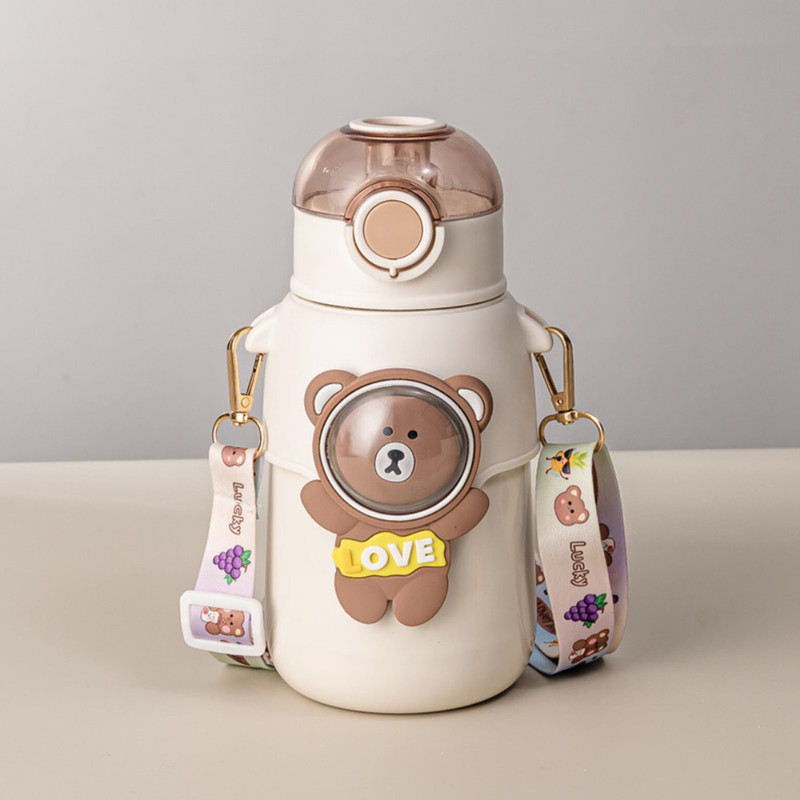 Goyoku Hot & Cold Straw Sipper Water Bottle For Toddlers Kids, And Adults With Strap(Brown)