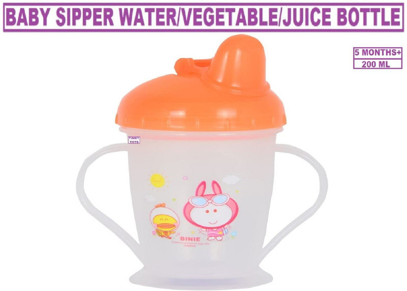 TINNY TOTS Unbreakable Premium Quality Baby Sippy Plastic Bottle/Cup/Mug Water/Juice Training Sipper Spout Metal Bottle For New Borns/Infants/Babies(ORANGE,200ML)(Orange)