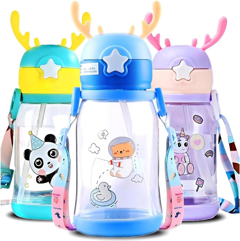 Mira Farmcraft Deer Horn Multi Design Cute Mix Cartoon Sipper school Bottle for Kids with Strap(Multicolor)
