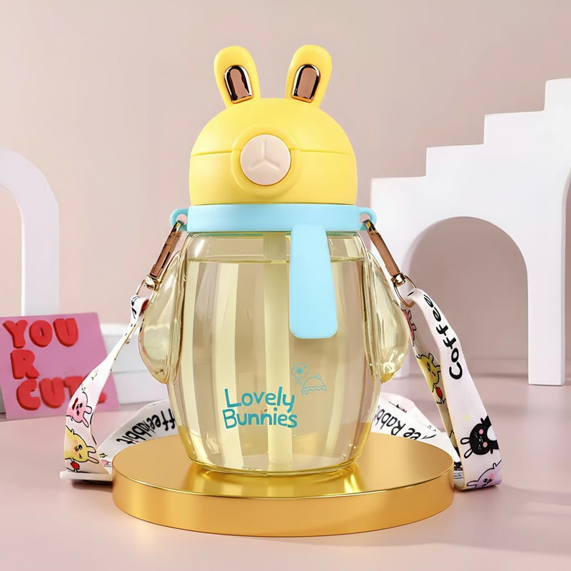 baybee Lovely Bunnies Kids Water Bottle with Straw 600ml BPA Free & Leakproof Bottle(Yellow)