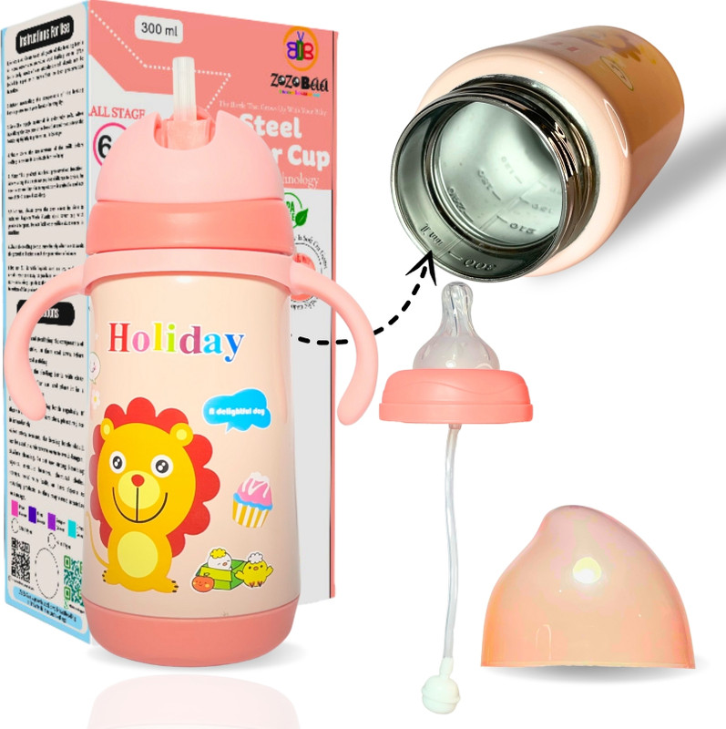 Zozobaa 2 in 1 Thermosteel Baby Feeding Sipper and Nipple Bottle With One Extra Nipple(Light Pink)