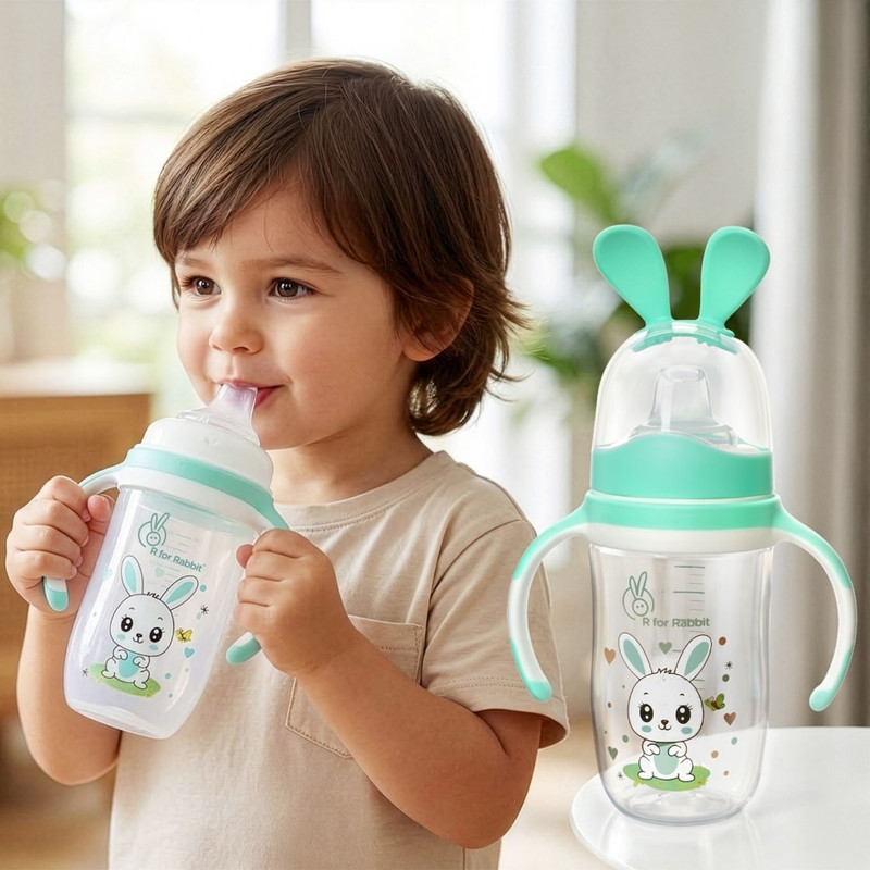 R for Rabbit Rabbit Bunny Baby Spout Sippy Cup Bottle 240 ML Soft Silicon Spout for Baby | Kids of 6 Months +(Green)
