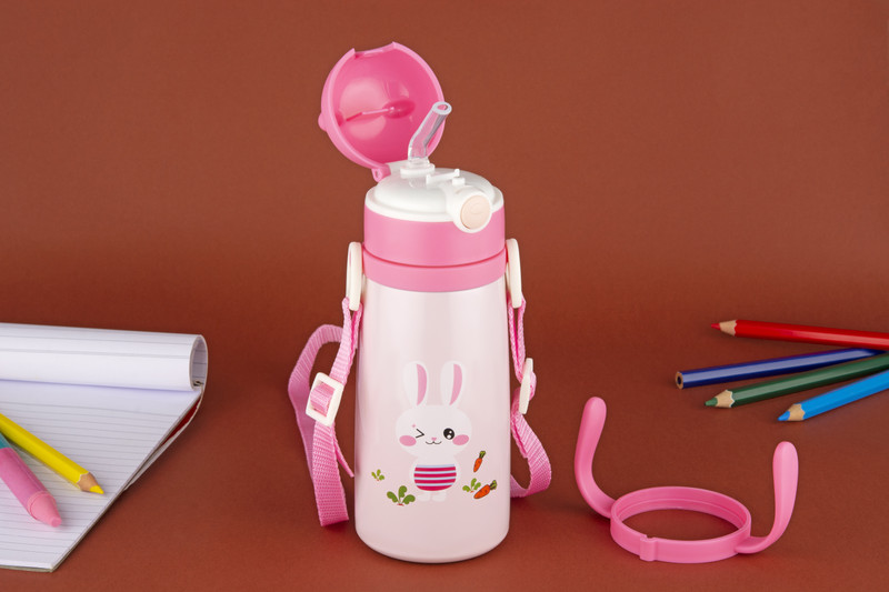 Nabhya Vacuum Insulated Double Wall Steel Body Straw Sipper, One Touch Opening-380 ML(Pink)