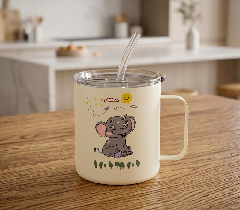 NUVASA Kids Glass Sipper with Straw & Lid(Cream)