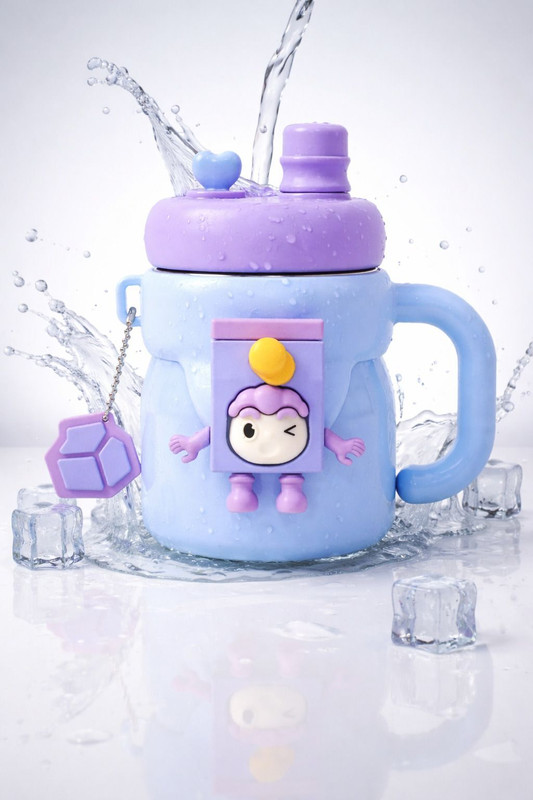 THE LITTLE BUNNY HOP IN STYLE Kids Cartoon Water Bottle with Straw Lid, Handle Mug & Leak Proof Design(Blue)