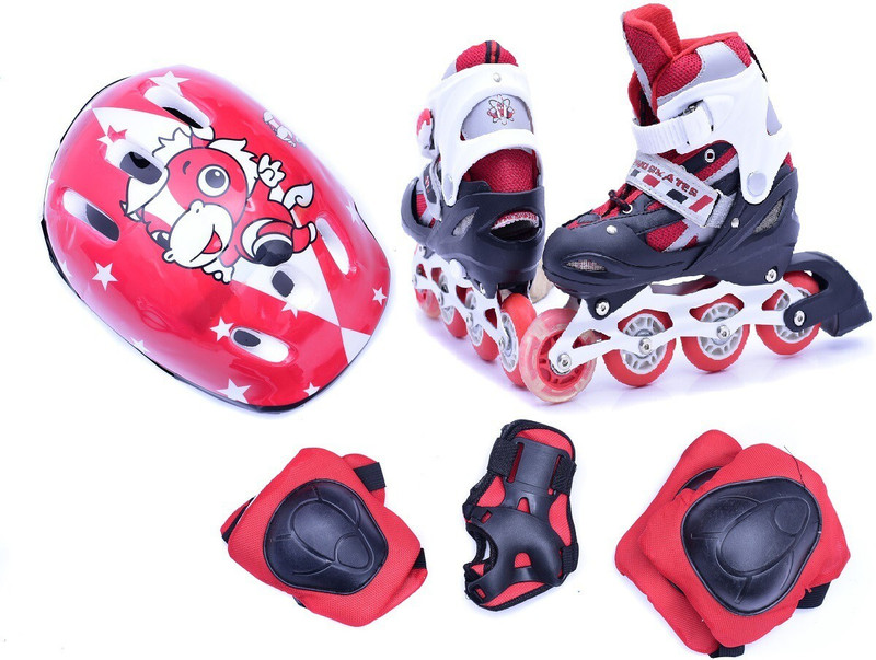 IRIS Kids Adjustable Inline Skates with Protective Pads, Gloves and Helmet In-line Kids Size  1 UK - 3 UK(Adjustable, Advanced, Training, Recreational, Intermediate, Beginner, Red)