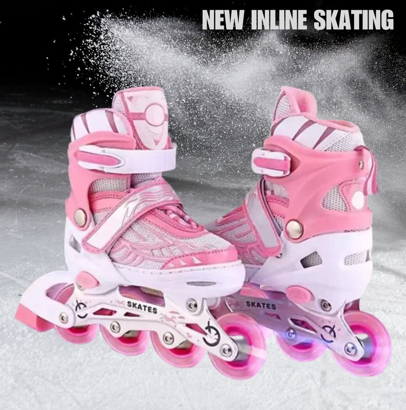 HouseOfCommon Inline Skating High Adjustable Shoes 4 Wheeler Aluminum Body LED Flash Light In-line Kids Size 8C UK - 12C UK(Adjustable, Beginner, Pink)