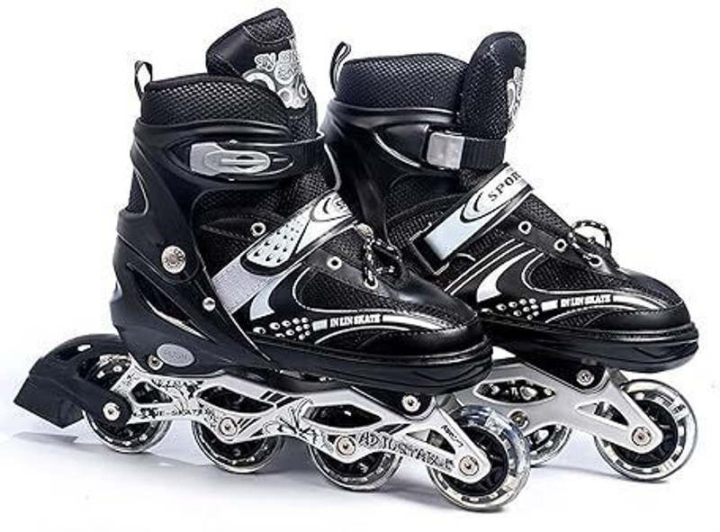 JR CLUB 4 Wheel Inline Skates Skating Shoes for Boys and Girls Age 7 to 12 Years In-line Adults Size 6 UK - 9 UK(Adjustable, Advanced, Beginner, Intermediate, Recreational, Training, Black)