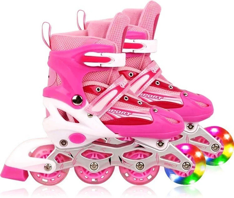 HHS SPORTS Inline Skates with PU Flashing Wheel with Aluminium Alloy for kids (Pink) In-line Adults Size 7 UK - 9 UK(Adjustable, Beginner, Intermediate, Training, Red)