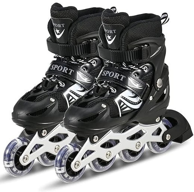 JR CLUB Inline for Boys 10 to 14 Years Roller Skate Shoes black In-line Kids Size 3 UK - 6 UK(Adjustable, Beginner, Advanced, Training, Black)