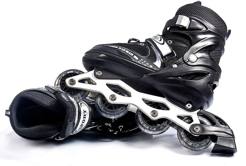HouseOfCommon Inline Skate Size Adjustable All Pure PU Strong Wheel Aluminum, LED Light Wheels In-line Kids Size 3 UK - 6 UK(Adjustable, Training, Beginner, Intermediate, Black)