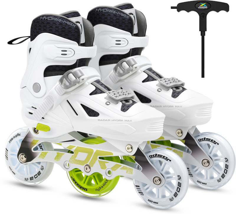 Jaspo Radar Edge 100mm Adjustable Inline Skates, Aluminium Frame, ABEC-7 Bearing In-line Adults Size 9 UK - 11 UK(Adjustable, Advanced, White)
