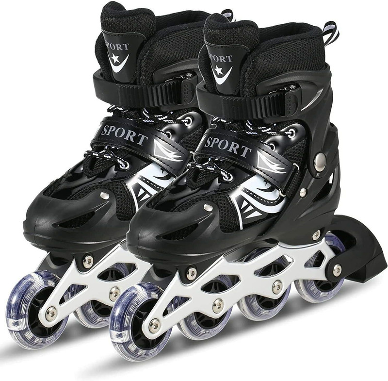 PVE Adjustable Inline Skates Roller Blades for Girls and Boys In-line Skates In-line Kids Size 3 UK - 6 UK(Adjustable, Advanced, Black)