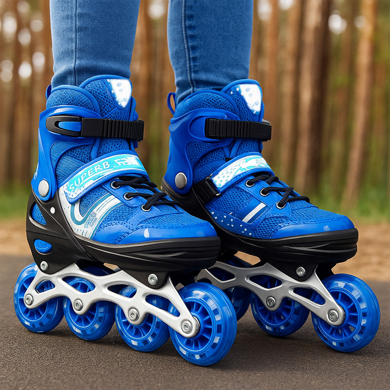 Kidsmate SpeedPro Inline Skates for Kids | 4 Wheels, LED Flash Light & Adjustable Roller Shoe Kids Size 13C UK - 2 UK(Adjustable, Beginner, Intermediate, Blue)