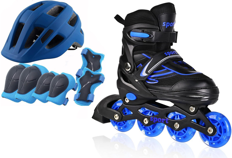LIVE SPORTS Inline PU Flash wheel, Helmet and Protective clothing With Bag Skating Kit In-line Kids Size 7C UK - 11C UK(Adjustable, Advanced, Beginner, Training, Blue)
