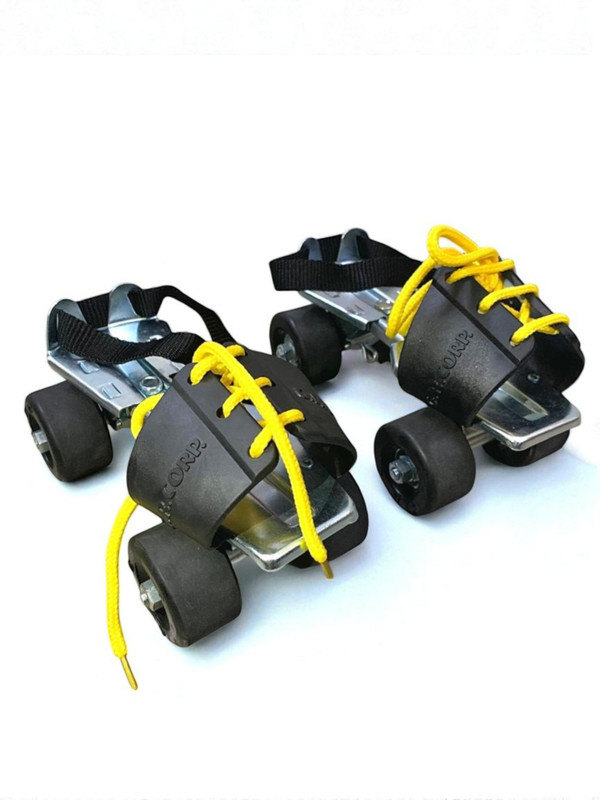 Fusion Sports Adjustable Roller Skates, Metal Frame with PVC Flaps, Blue Wheels, Yellow Laces, Quad Roller Kids Size  5 UK - 2 UK(Adjustable, Beginner, Black, Silver)