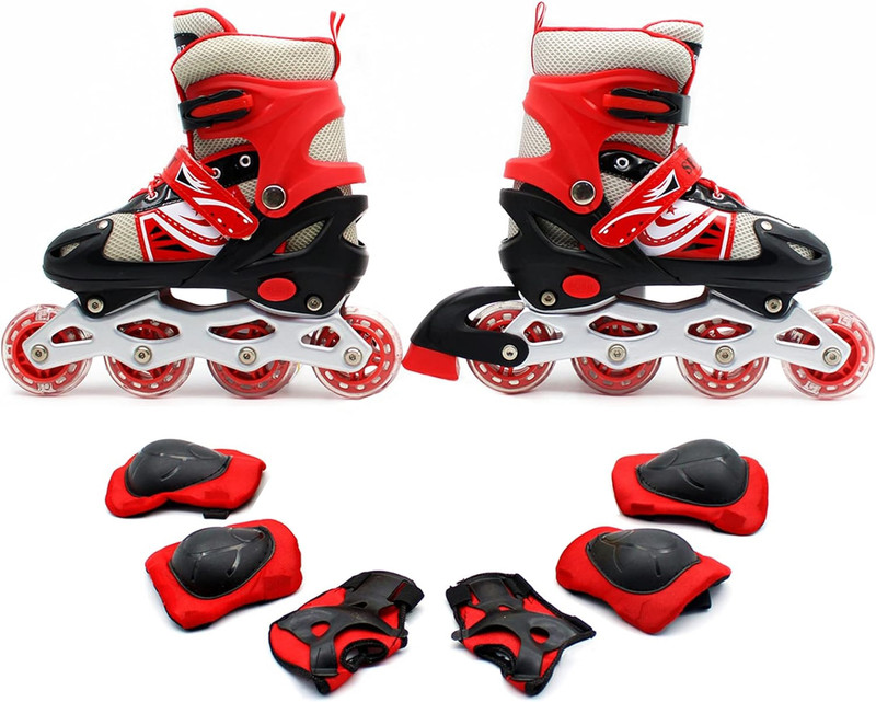 Authfort Inline Skates Adjustable Size Roller Skates with Protective Gear In-line Adults Size 5 UK - 9 UK(Adjustable, Beginner, Training, Red)