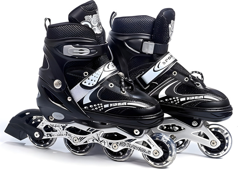 JR CLUB Inline Skates with PU Flashing Wheel | LED Flash Light | In-line Skates In-line Kids Size 3 UK - 6 UK(Adjustable, Beginner, Advanced, Training, Black)