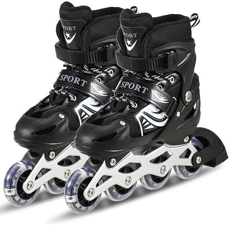 JR CLUB Roller Skates for boys and Girls Adjustable Inline Skating with LED Flash Light In-line Kids Size  6C UK - 12C UK(Adjustable, Advanced, Training, Recreational, Black)