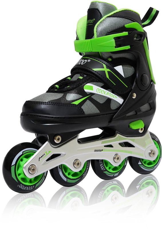 COCKATOO ADJUSTABLE ALUMINIUM INLINE SKATES 4 WHEELS IS 350 In-line Kids Size 3 UK - 6 UK(Adjustable, Intermediate, Black)