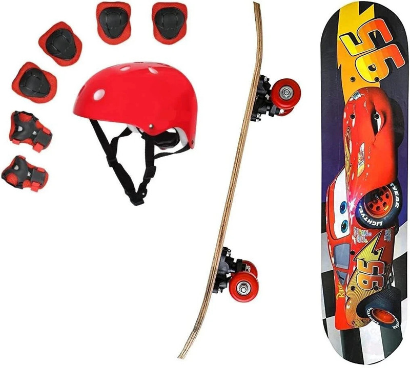 Baba Fab McQueen Car Printed Skateboard Combo with Helmet & Safety Kit for Kids 24 inch x 8 inch Skateboard(Multicolor, Pack of 4)
