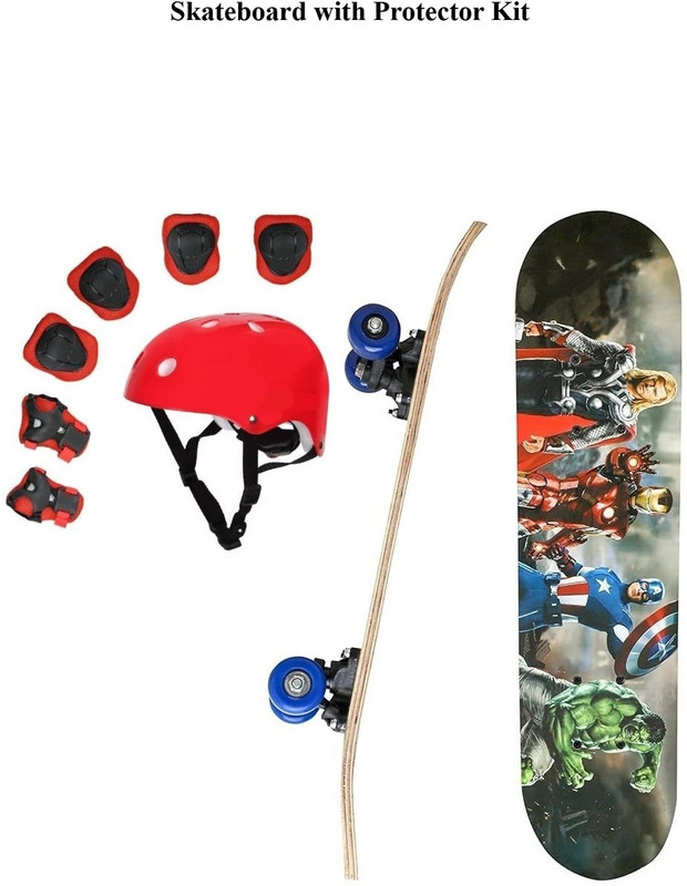 Baba Fab Avengers Skateboard with Helmet & Protective Gear Set for Kids Riders 24 inch x 8 inch Skateboard(Black, Pack of 4)