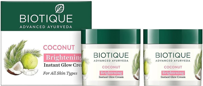 BIOTIQUE Coconut Brightening Instant Glow Cream for All Skin Types, 50g (Pack of 2)(100 g)