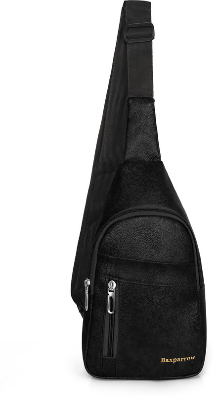 baxparrow Black Sling Bag Faux Leather Compact + Stylish + Travel Crossbody Chest Bag