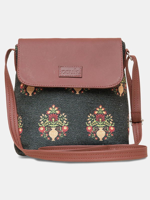 ZOUK Green Sling Bag Royal Green Mogra Print Flap Sling Bag
