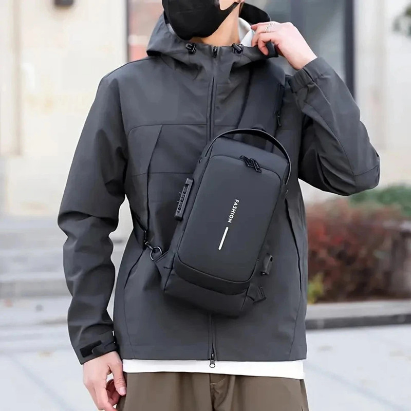 GJSHOP Black Shoulder Bag Men'S Waterproof Oxford Chest Bag, Fashionable Crossbody Sling