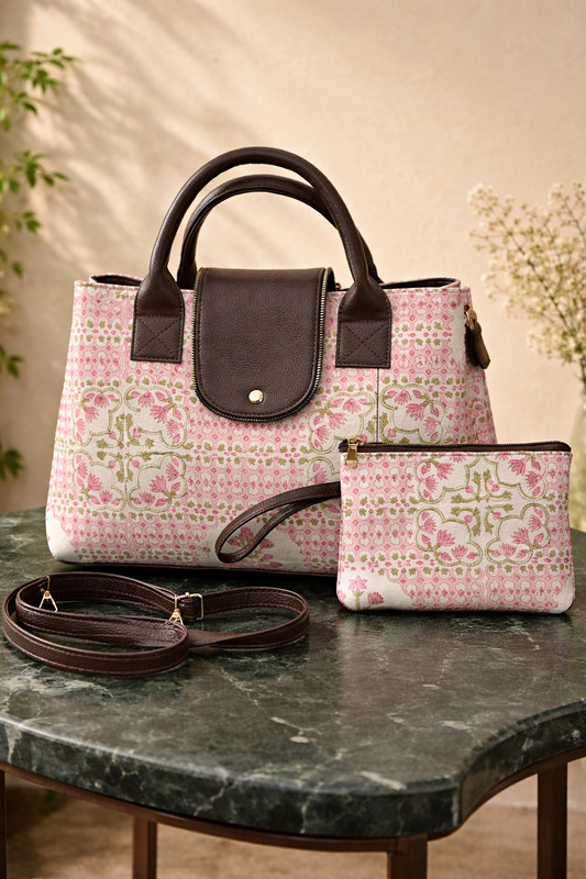 PRANAL TEX White Tote Stylish Printed Handbag with Matching Pouch & Sling Strap(Pack of 2)