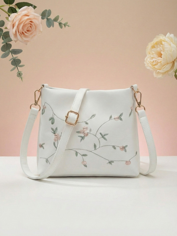 LIKE STYLE White Sling Bag Floral Pattern Embroidered PU Sling Bag
