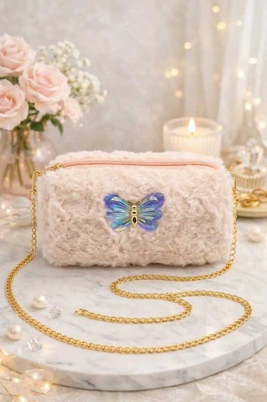 JASUNIQ Purple Sling Bag Girls Fluffy Crossbody Bag with Chain Strap, Butterfly Embellishment