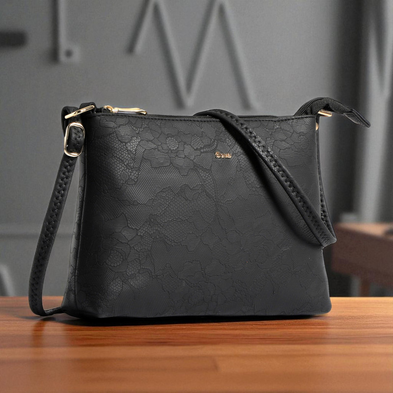 Exotic Black Sling Bag Floral Embossed Texture Sling Bag for Women