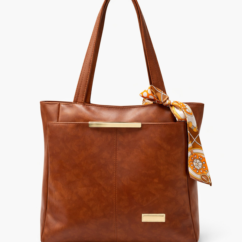 Shanon Tan Tote Women's Tan Textured Tote Bag with Floral Scarf Detail