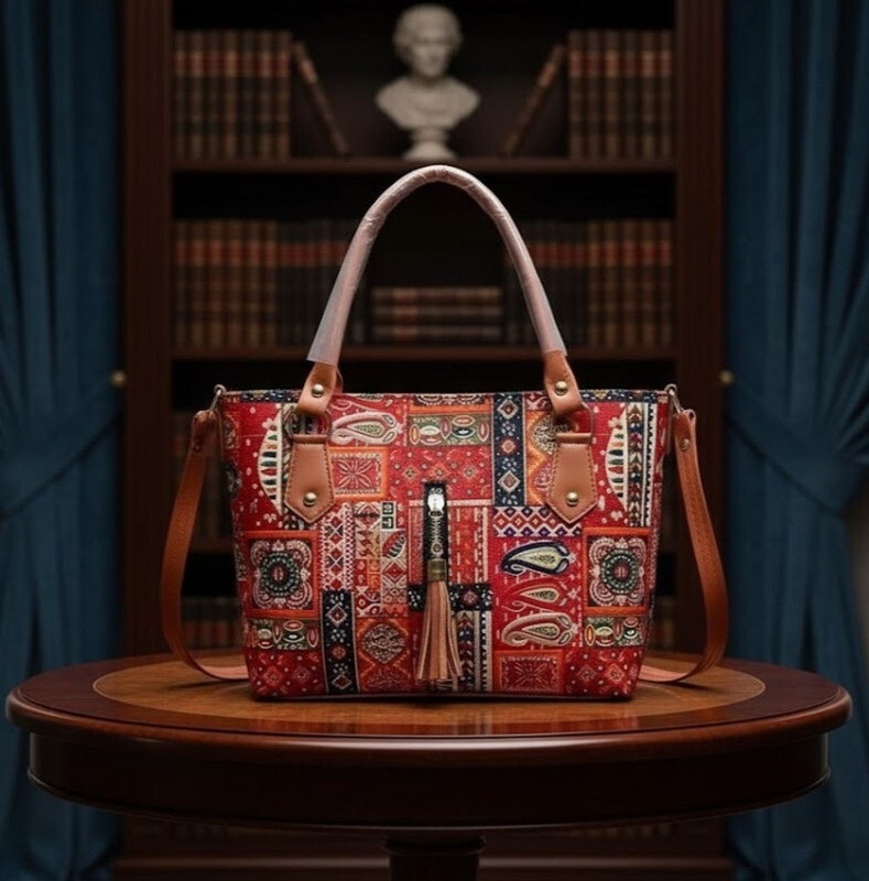 baxparrow Red Hand-held Bag with Faux Leather Straps & Tassel