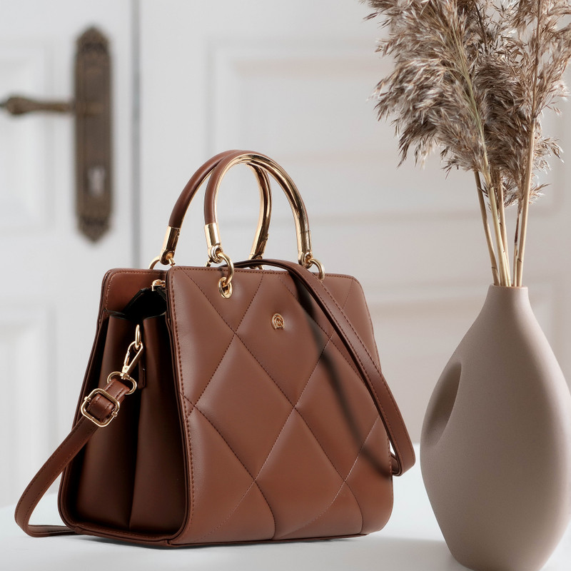Martucci Brown Sling Bag Women’s Quilted Handbag with Metal Handle & Detachable Sling Strap