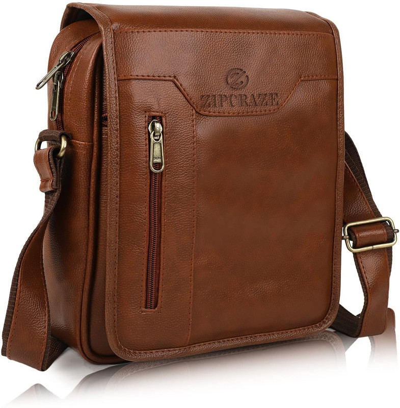 ZipCraze Tan Sling Bag Vegan Leather crossbody/Shoulder/Unsex Sling Bag with Padded Tab Compartment