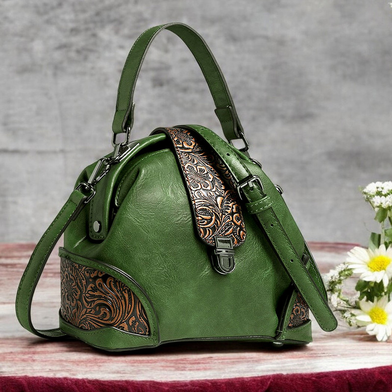 Exotic Premium Green Hand-held Bag Vintage Retro Embossed Floral Sling Bag