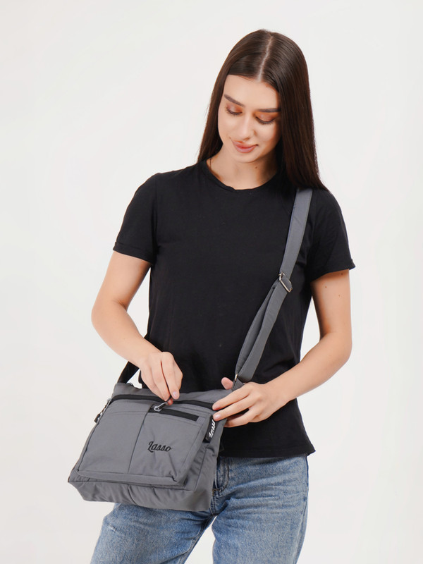 Lasso Grey Sling Bag Stylish Multi-Pocket Crossbody For Women's and Girls
