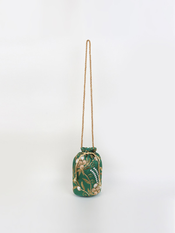 LIKAA Women Green Floral Embroidered Potli Potli