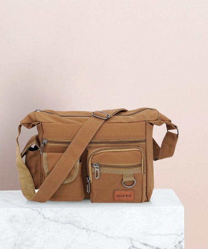 STORITE Brown Sling Bag Canvas Sling Cross Body Messenger Bag, One Side Shoulder Multi Pocket Sling Bag