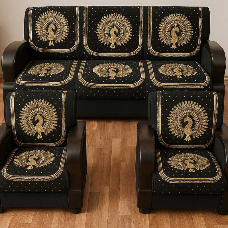 CADY Cotton 3+1+1 Seater Sofa Animal Cover(Pack of 6 BLACK)