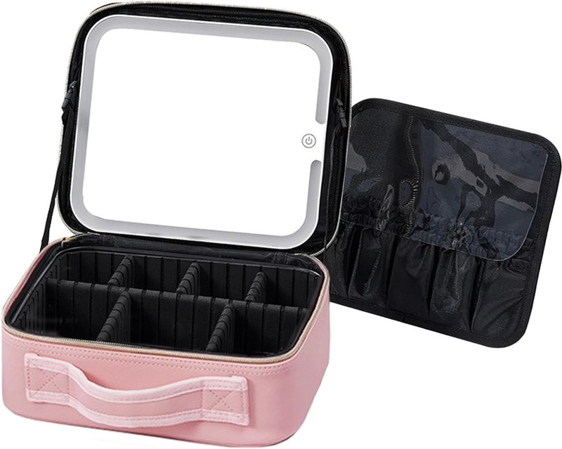 VGmax Travel Makeup Bag with LED Lighted Make up Case with Mirror 3 Color Setting Small Travel Bag - 0(Pink)